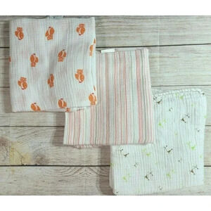 Aden + Anais Large Muslin Swaddle Blankets Lot of 3 Logo Striped Orange Owls